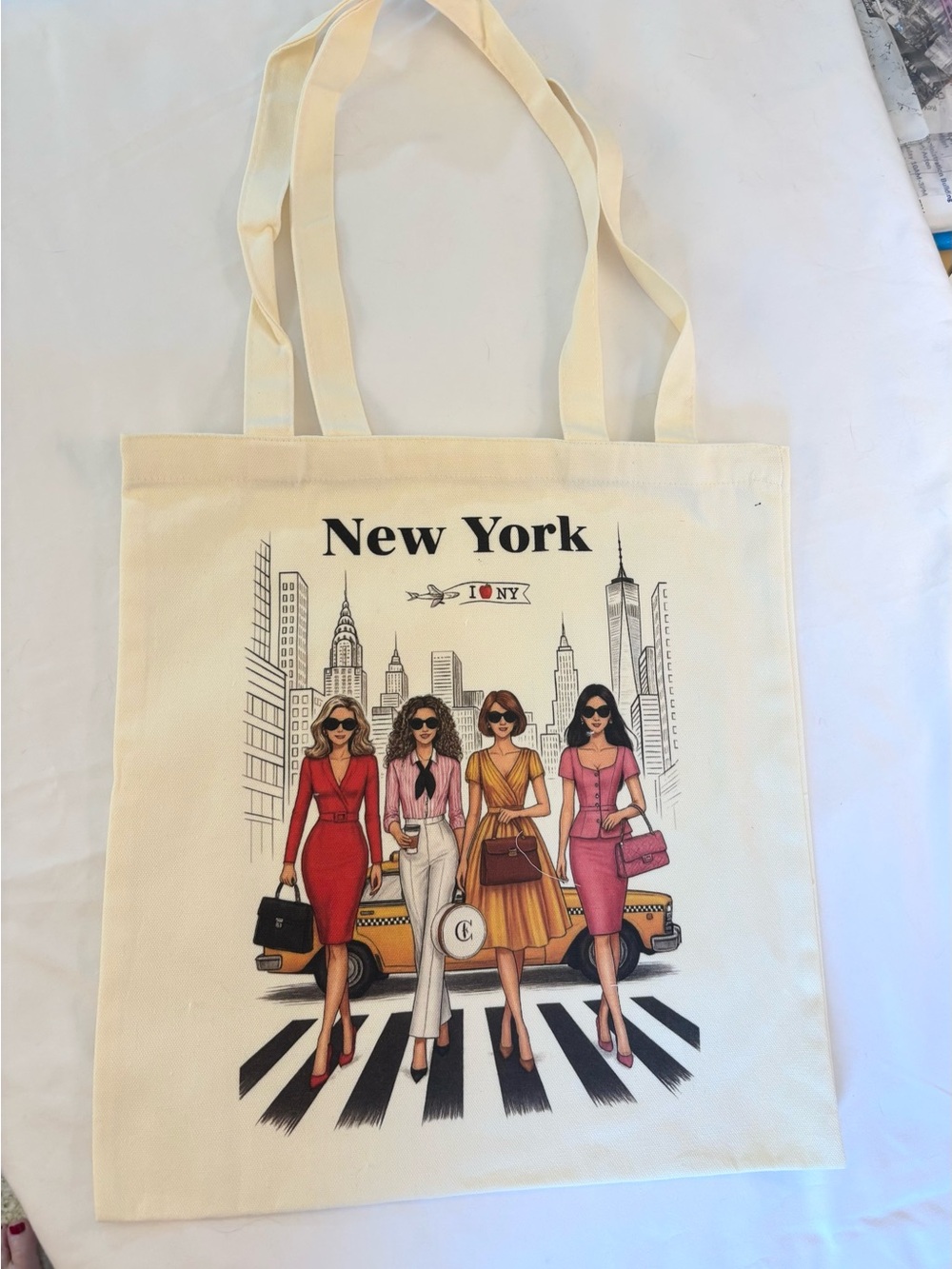 New York Canvas Tote Bag with Fashion Illustration - Cream